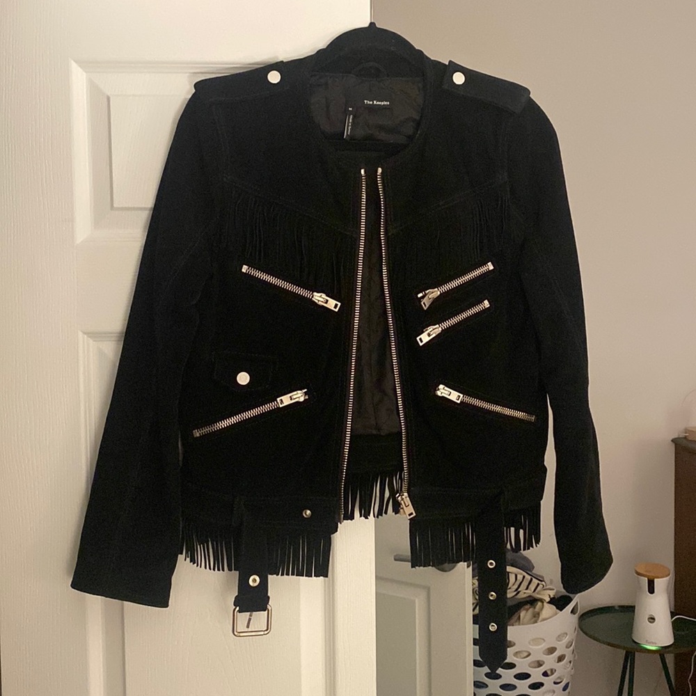Black suede, leather fringe jacket with silver hardware